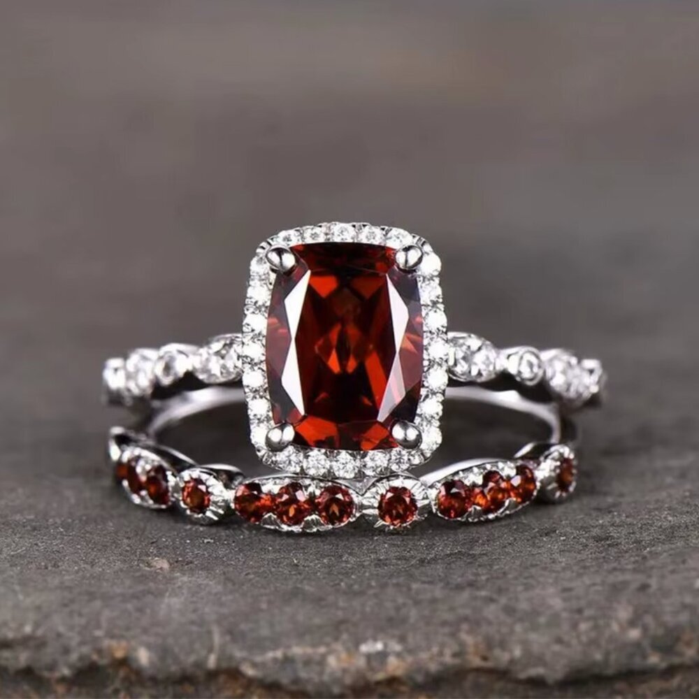 NEW 14K White Gold Ruby Diamond Ring Set of 2 Ring Bands